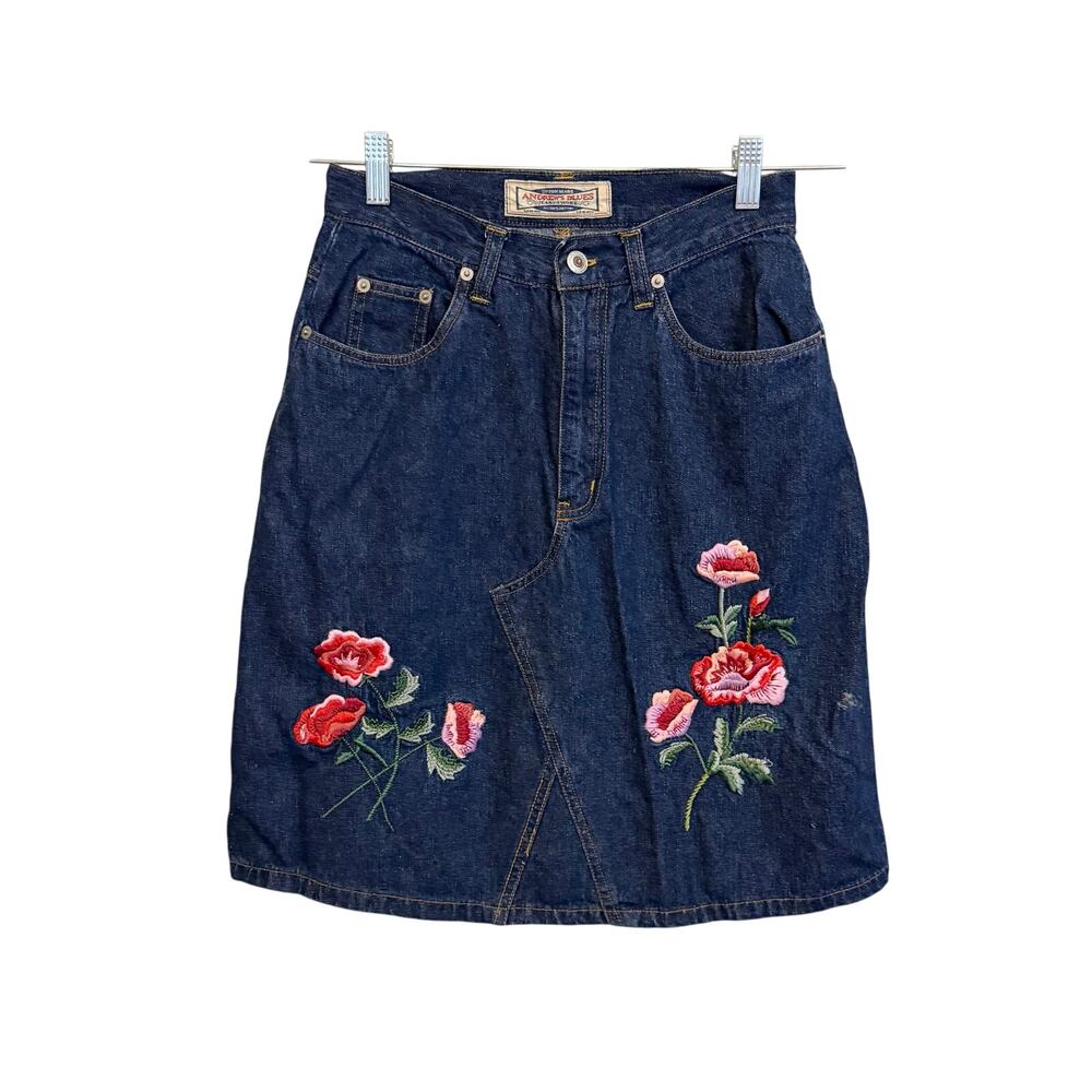 VTG Andrew's Blues Jean Skirt S Blue Denim Mini Floral Embroidered Festival Y2K